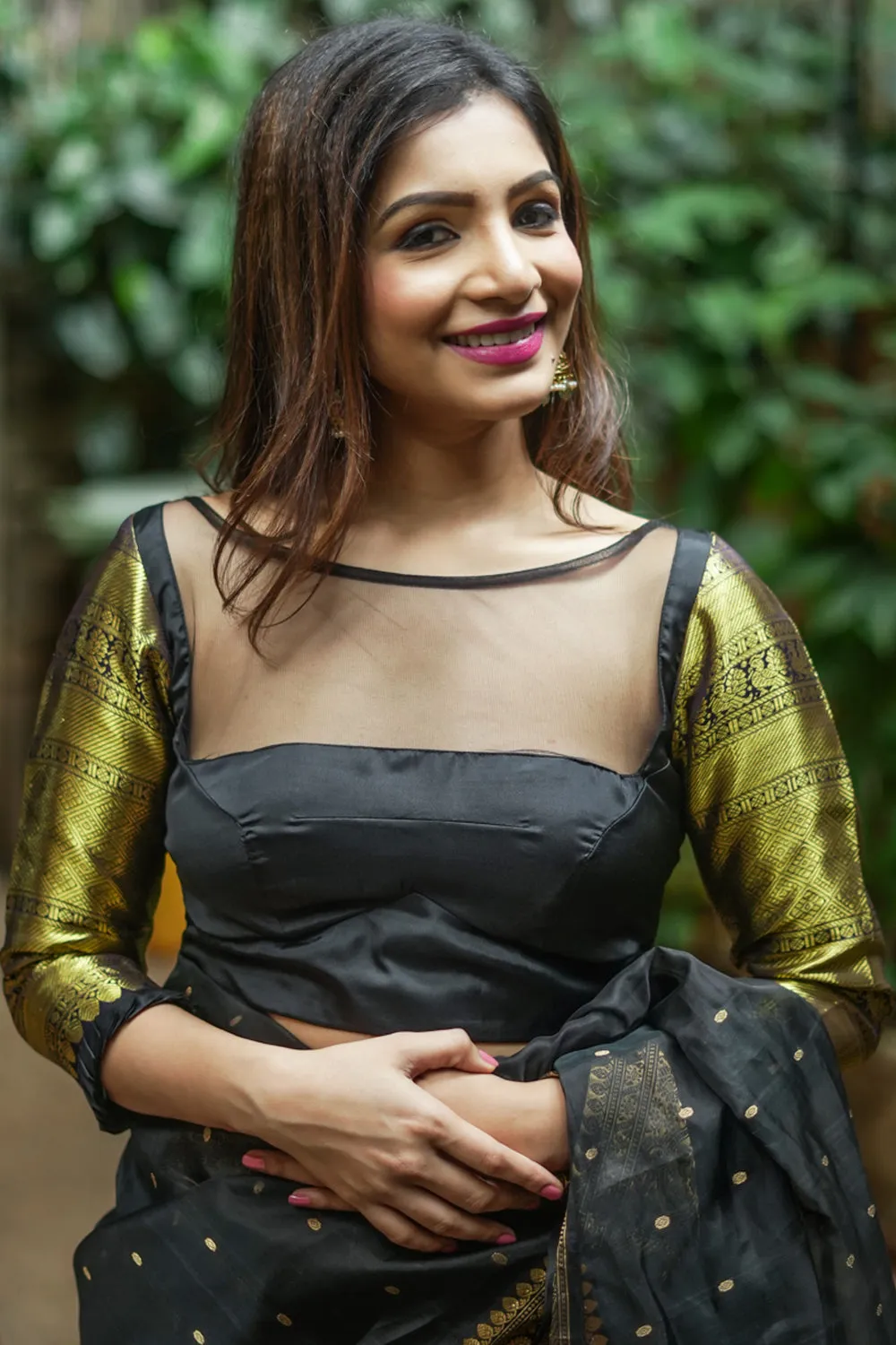 16" Zari Sleeves Kanjivaram Silk Blouse in Black & Gold | Made to Order