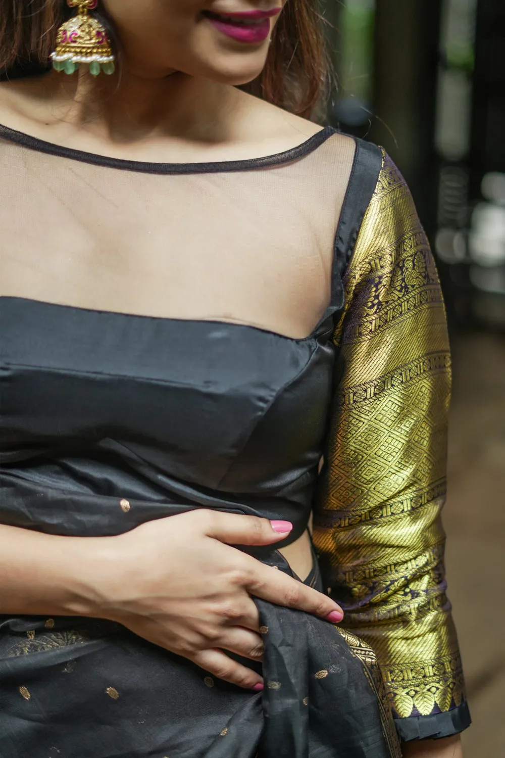16" Zari Sleeves Kanjivaram Silk Blouse in Black & Gold | Made to Order