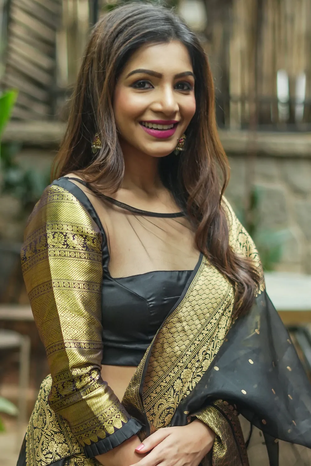 16" Zari Sleeves Kanjivaram Silk Blouse in Black & Gold | Made to Order
