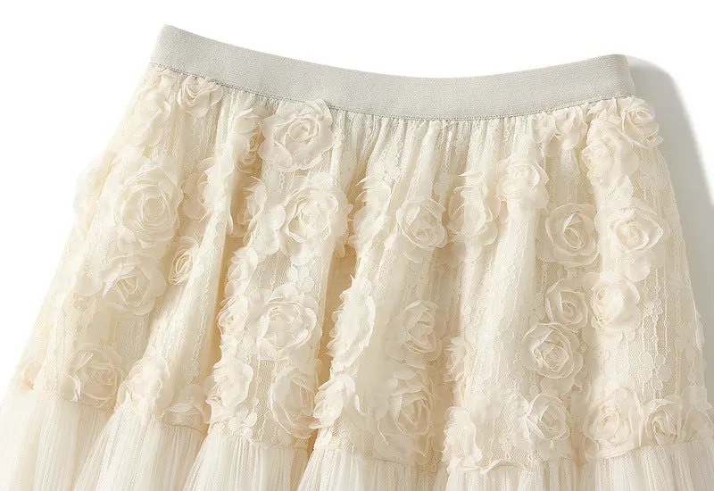 3D Floral Mesh High Waist Umbrella Skirt