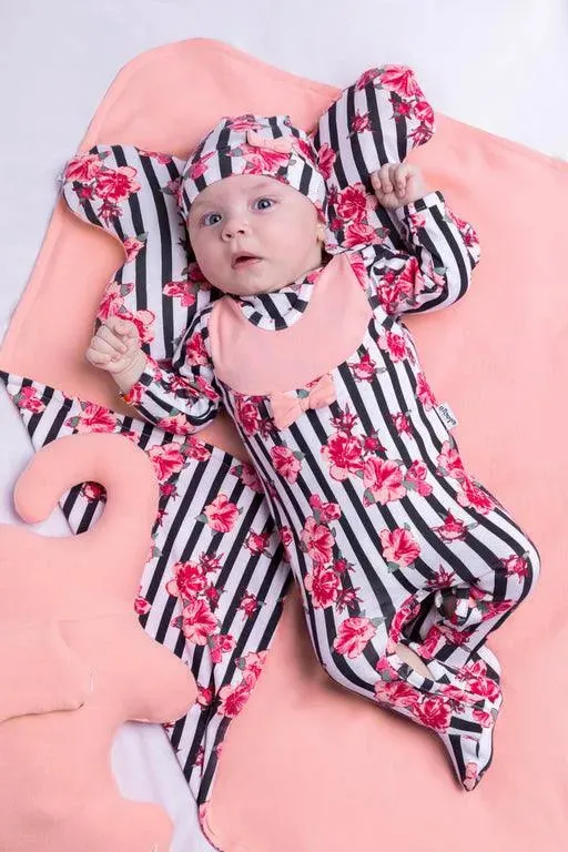 BamarNicole cotton trousers with feet Baby rompers, girl, pink, stripes, flowers NANA