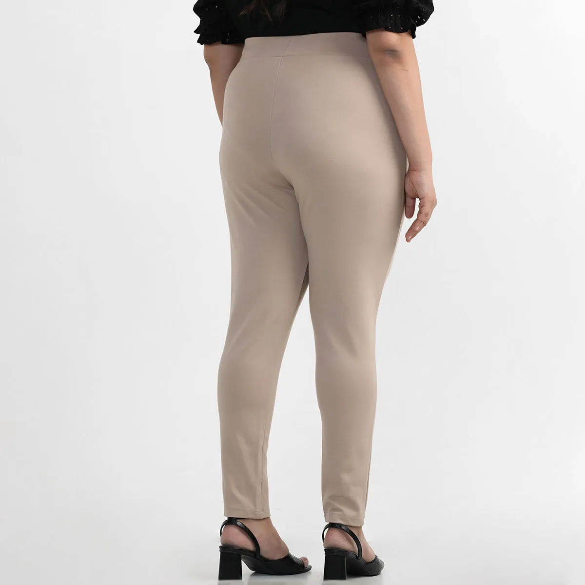 Beige Buckle Detail Plus Size Tailored Trousers