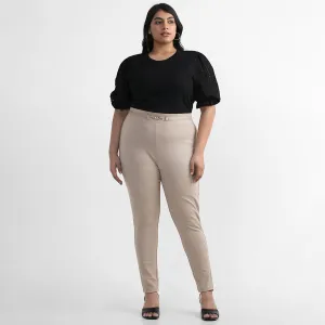 Beige Buckle Detail Plus Size Tailored Trousers