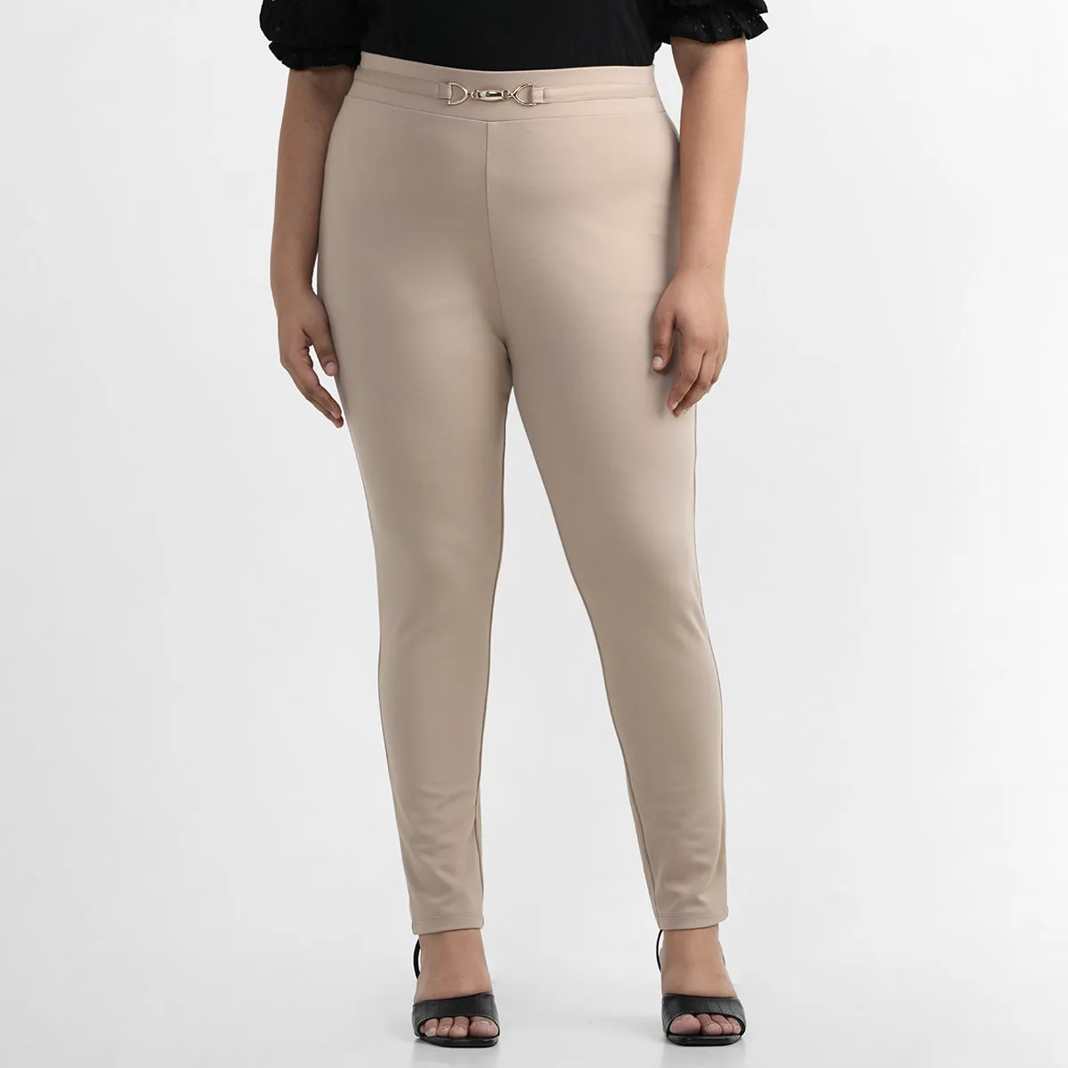 Beige Buckle Detail Plus Size Tailored Trousers