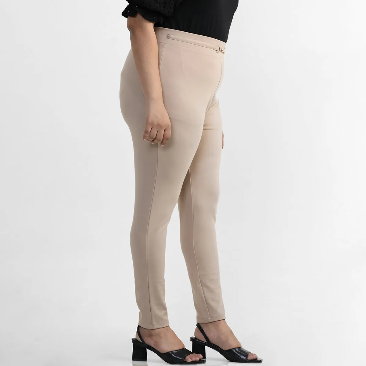 Beige Buckle Detail Plus Size Tailored Trousers