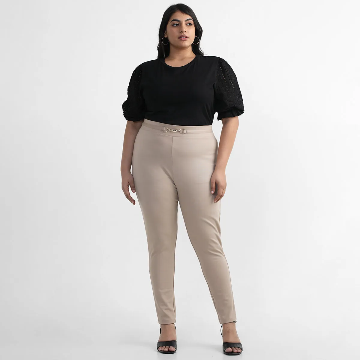 Beige Buckle Detail Plus Size Tailored Trousers