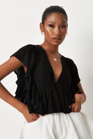 Black Frill Sleeve Plunge Top
