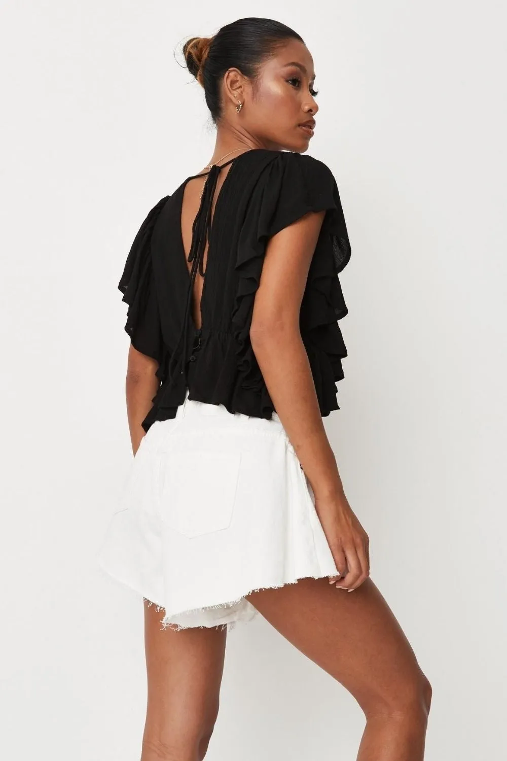 Black Frill Sleeve Plunge Top