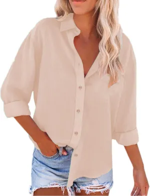 Button Down Shirts for Women Cotton Linen Long Sleeve Trendy Blouses Loose Fit Work Tops Comfy Vacation Beach Clothes