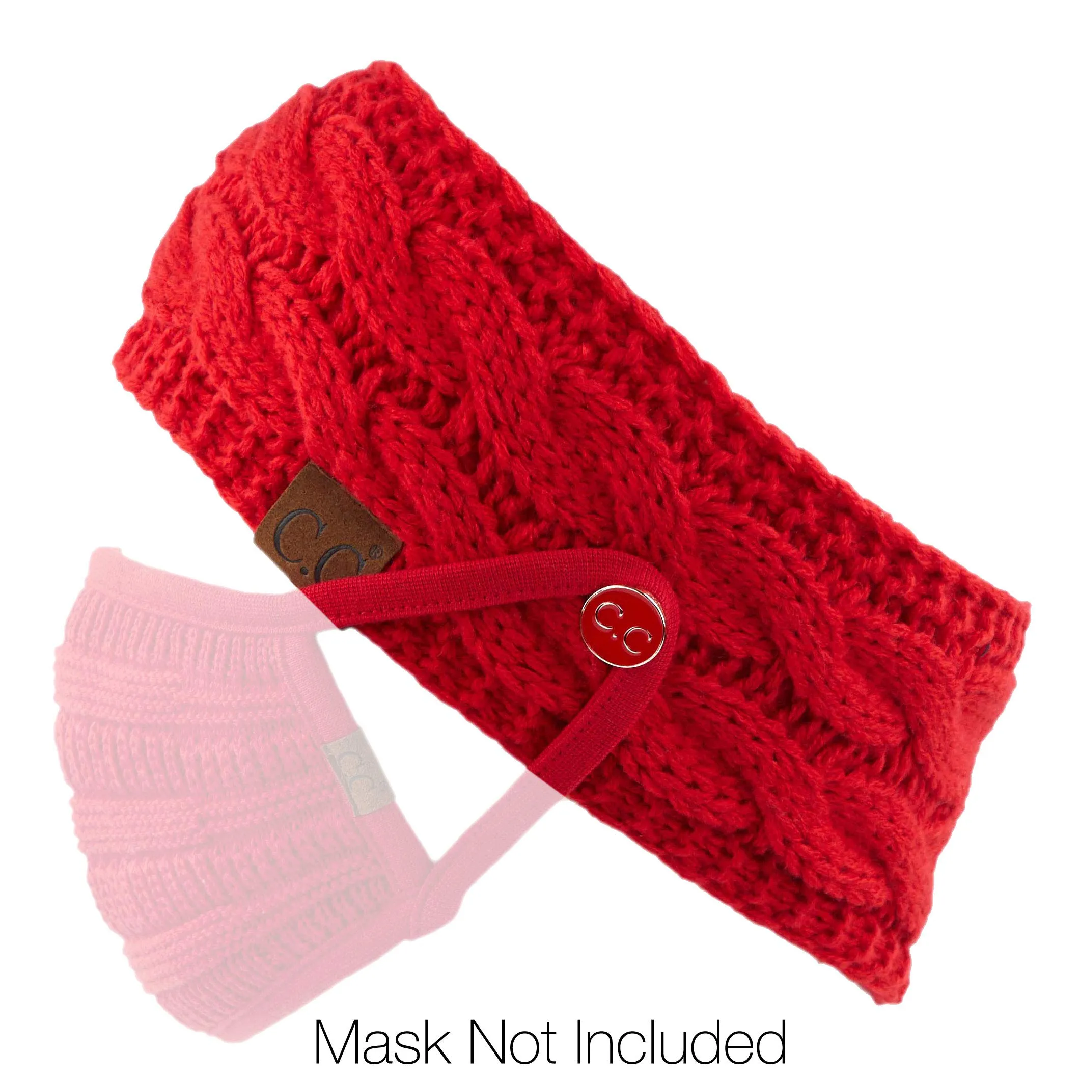 C.C Winter Fuzzy Fleece Lined Thick Knitted Headband Headwrap Epoxy Button for Face Masks (BHW-1) (A Button Red)