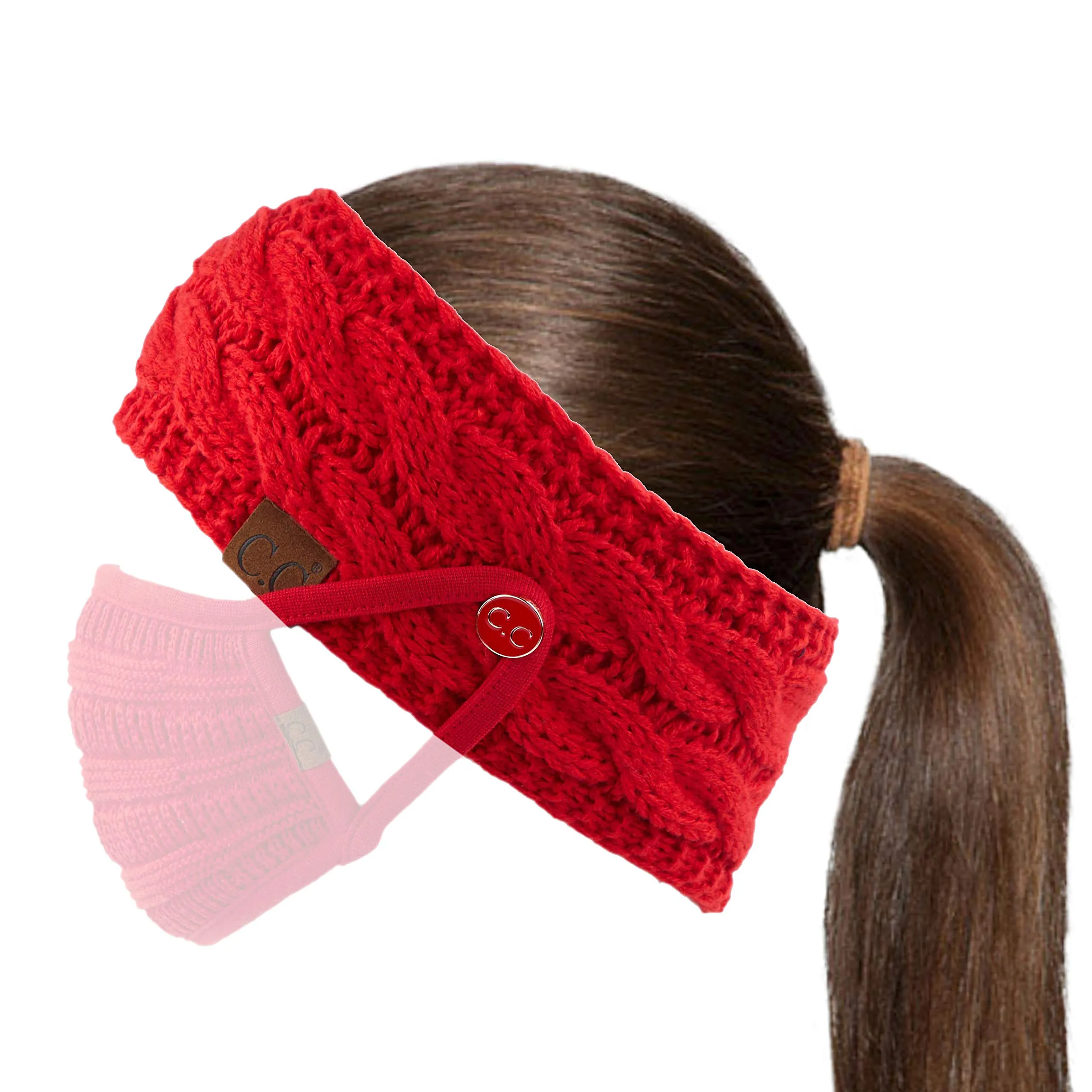 C.C Winter Fuzzy Fleece Lined Thick Knitted Headband Headwrap Epoxy Button for Face Masks (BHW-1) (A Button Red)
