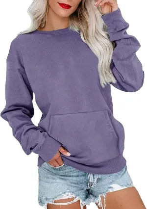 Crew Neck Sweatshirts Women Fleece Long Sleeve Cute Sweatshirts No Hooded Preppy Soft Tunic Hoodie with Pockets