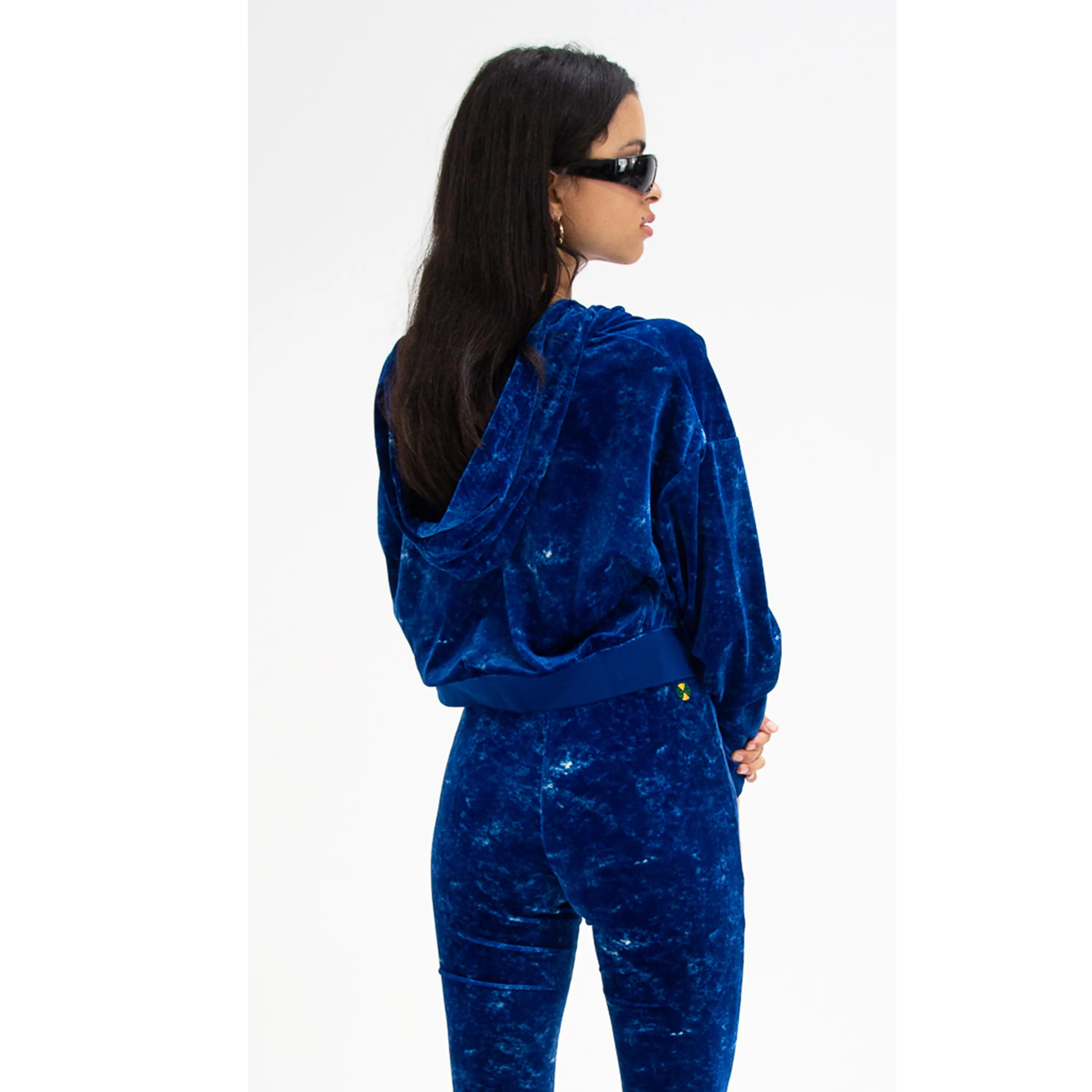 Cross Colours Mineral Wash Velour Crop Zip Hoodie - Mineral Navy