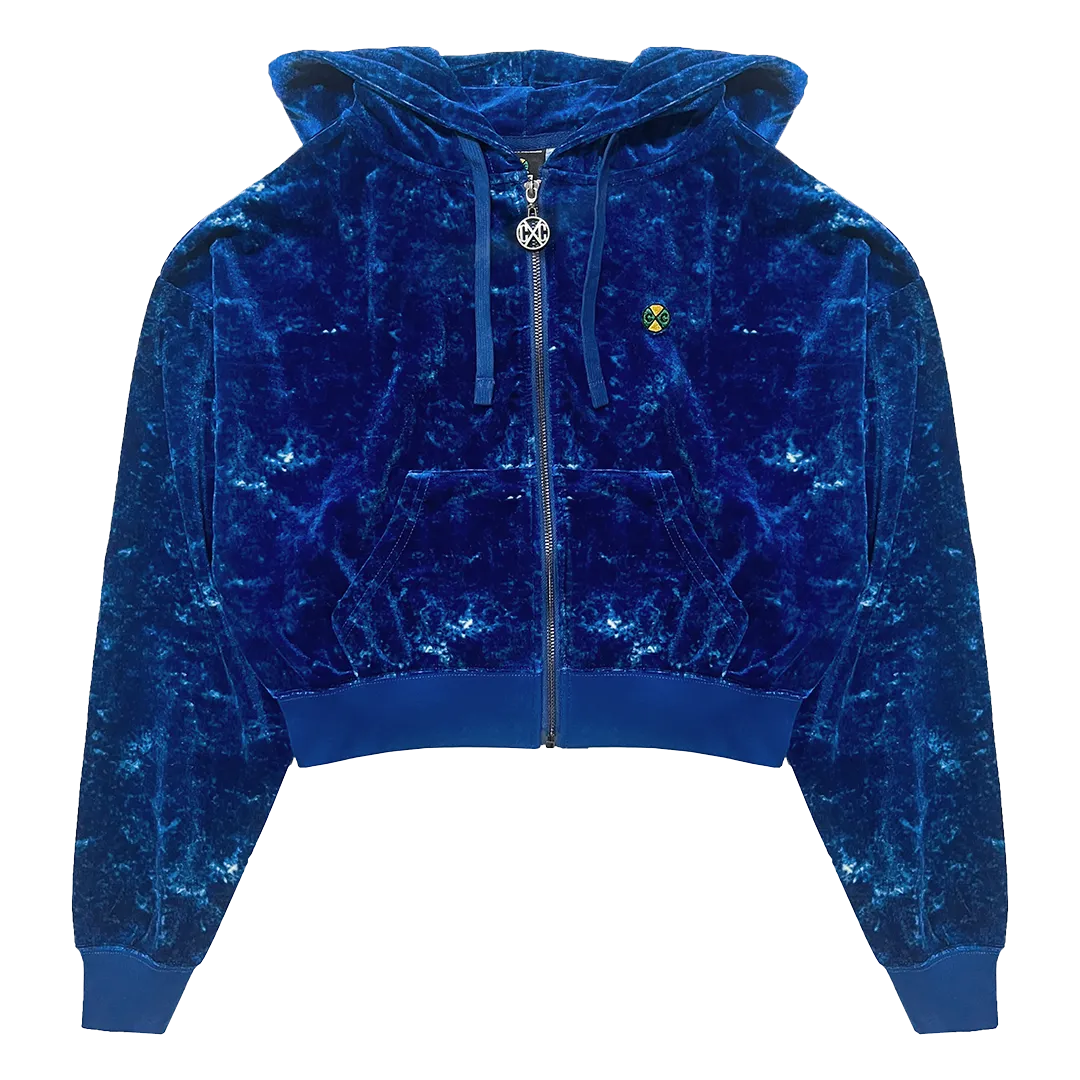 Cross Colours Mineral Wash Velour Crop Zip Hoodie - Mineral Navy