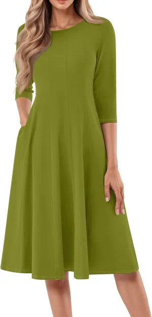 Dresses for Women Spring Round Neck 3/4 Sleeve Midi Dress A Line Pleated Solid Color Dresses