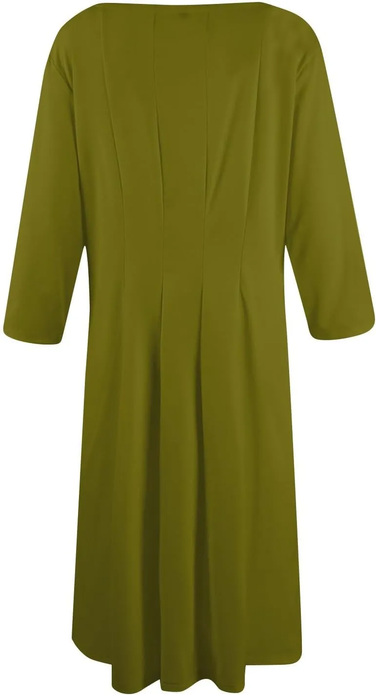 Dresses for Women Spring Round Neck 3/4 Sleeve Midi Dress A Line Pleated Solid Color Dresses