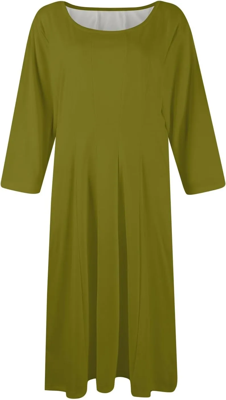Dresses for Women Spring Round Neck 3/4 Sleeve Midi Dress A Line Pleated Solid Color Dresses