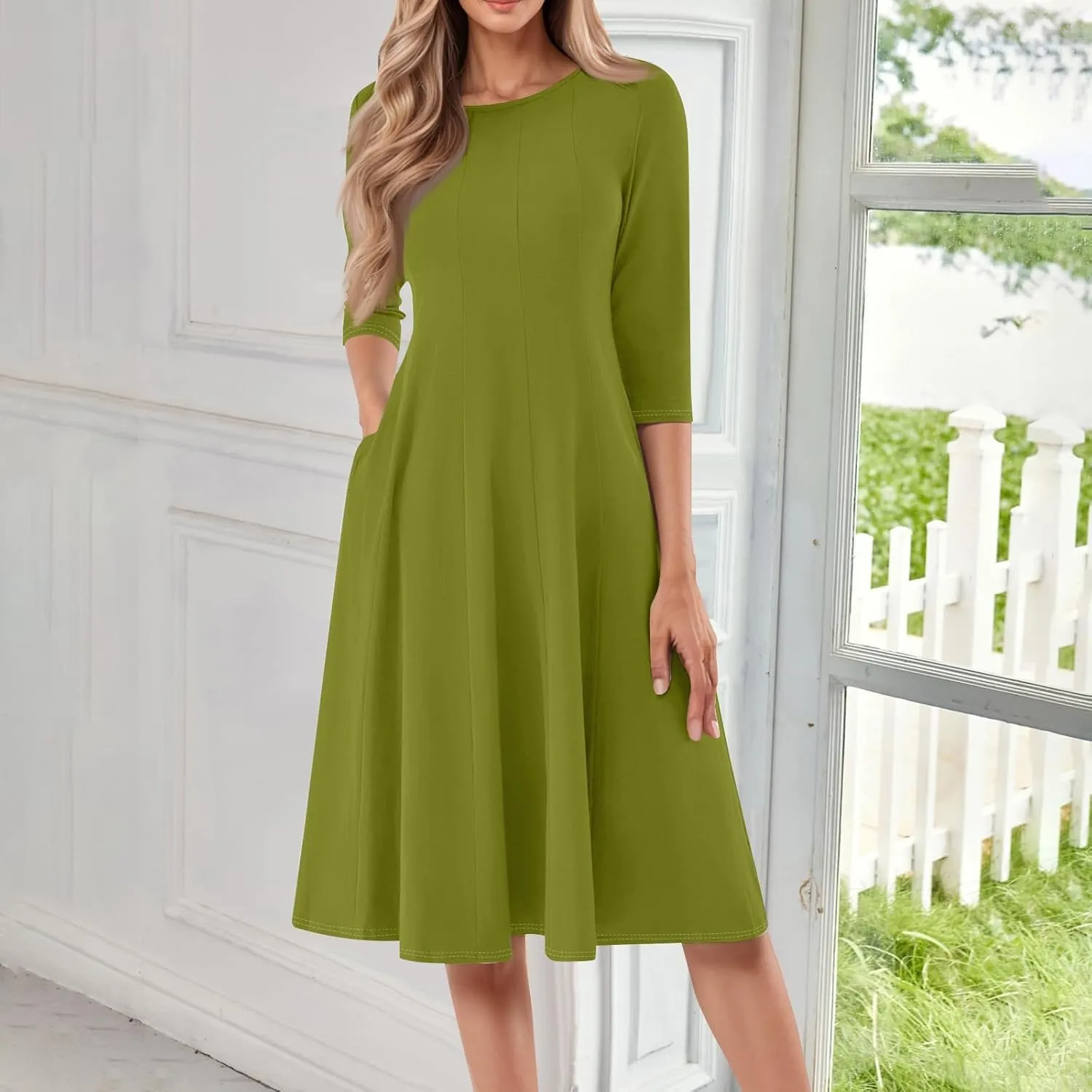 Dresses for Women Spring Round Neck 3/4 Sleeve Midi Dress A Line Pleated Solid Color Dresses