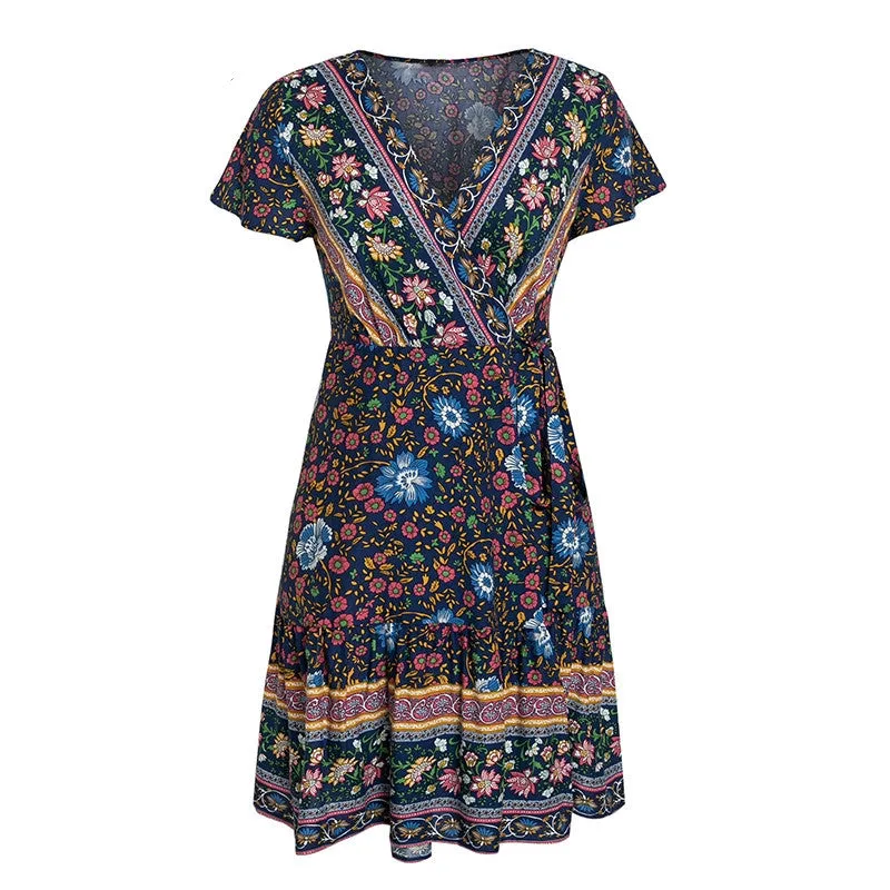 Europe Women Skirt Popular Short Sleeve V-Neck Printed Beach Dress Beachwear