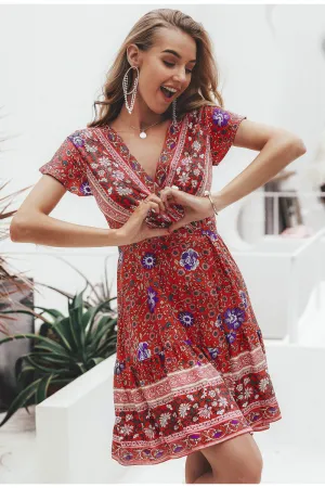 Europe Women Skirt Popular Short Sleeve V-Neck Printed Beach Dress Beachwear