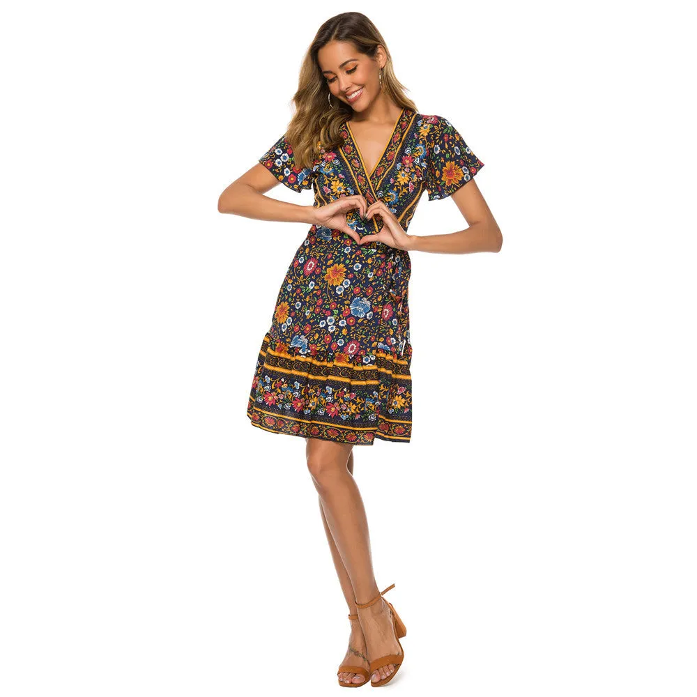 Europe Women Skirt Popular Short Sleeve V-Neck Printed Beach Dress Beachwear