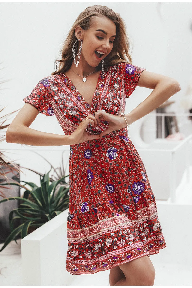 Europe Women Skirt Popular Short Sleeve V-Neck Printed Beach Dress Beachwear