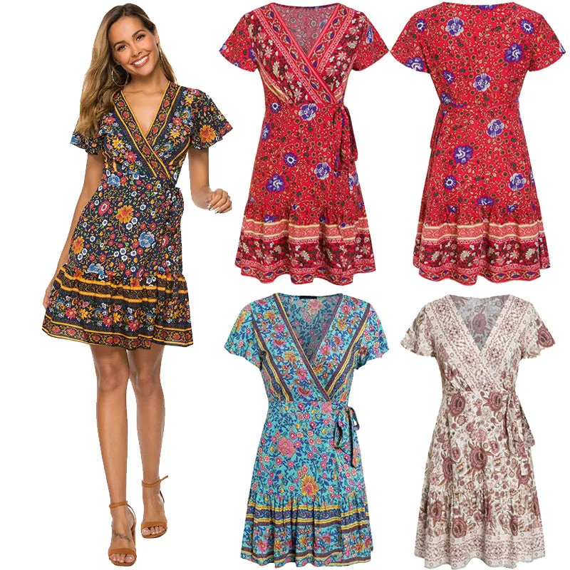 Europe Women Skirt Popular Short Sleeve V-Neck Printed Beach Dress Beachwear