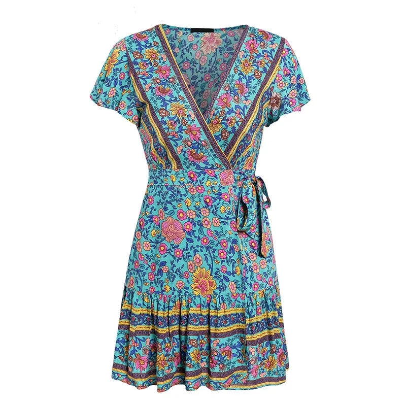 Europe Women Skirt Popular Short Sleeve V-Neck Printed Beach Dress Beachwear