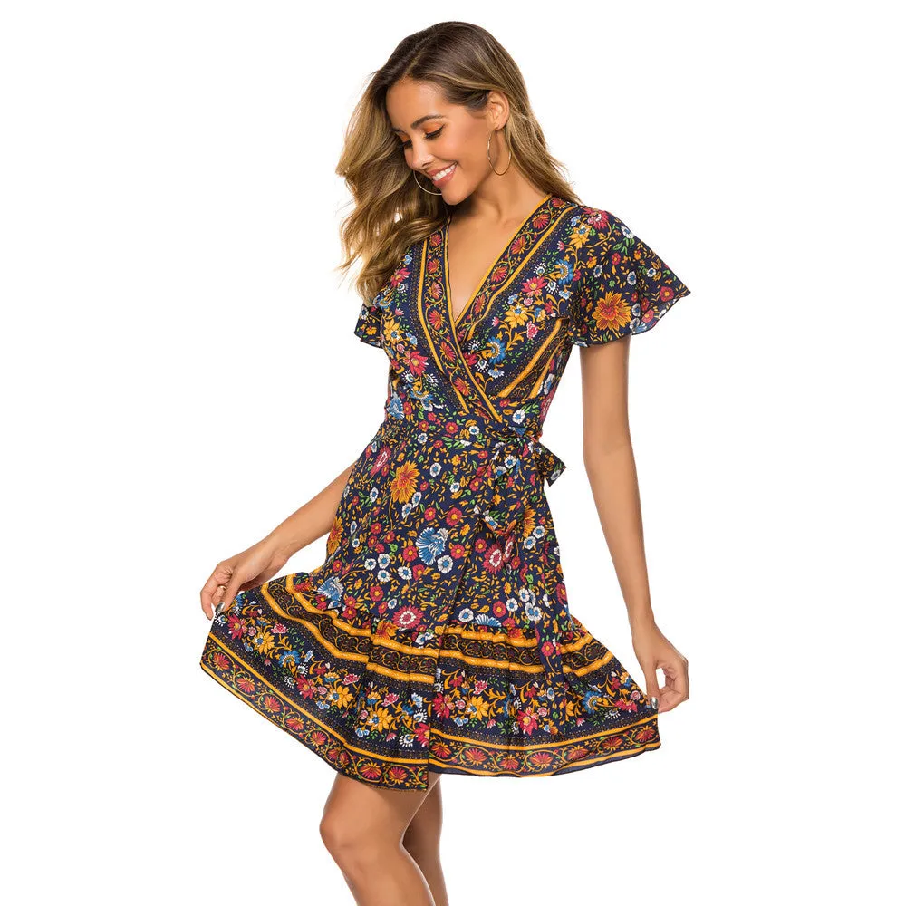 Europe Women Skirt Popular Short Sleeve V-Neck Printed Beach Dress Beachwear