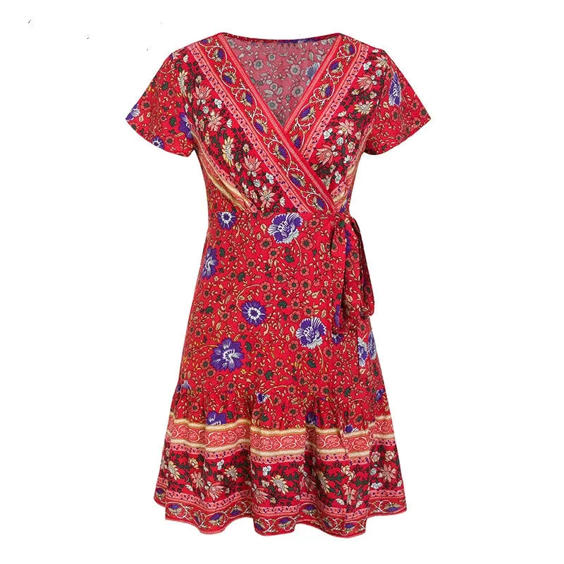 Europe Women Skirt Popular Short Sleeve V-Neck Printed Beach Dress Beachwear