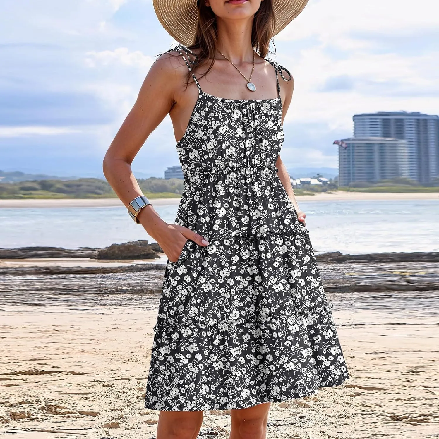 Floral Mini Dresses for Women Tiered Ruffle Spaghetti Strap Short Skater Dress 2025 Summer Flowy Boho Beach Sundress