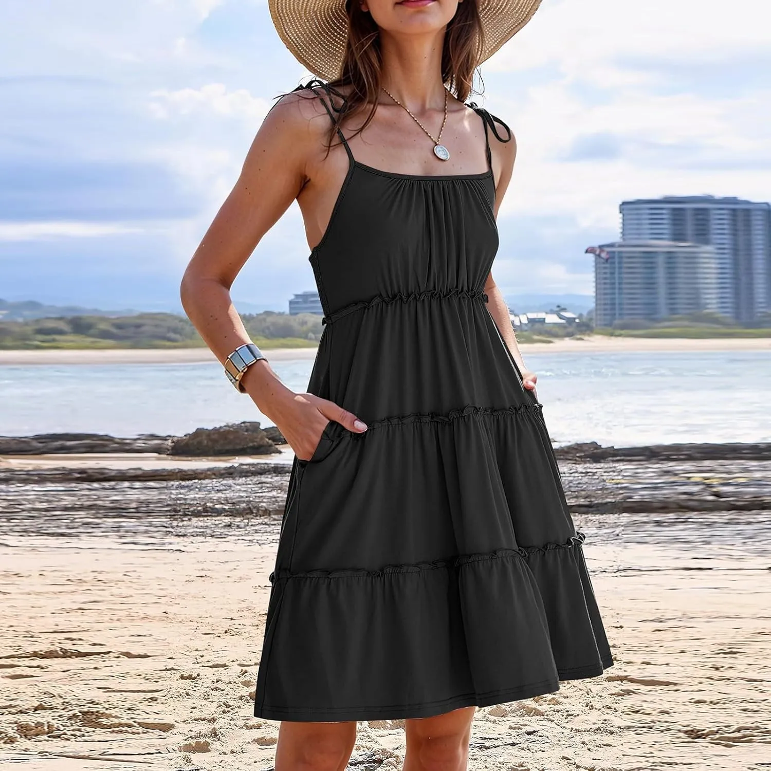 Floral Mini Dresses for Women Tiered Ruffle Spaghetti Strap Short Skater Dress 2025 Summer Flowy Boho Beach Sundress