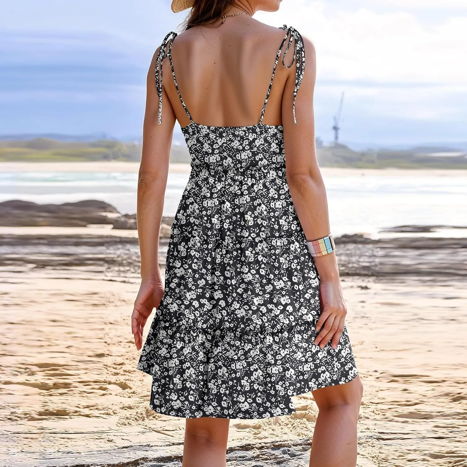 Floral Mini Dresses for Women Tiered Ruffle Spaghetti Strap Short Skater Dress 2025 Summer Flowy Boho Beach Sundress