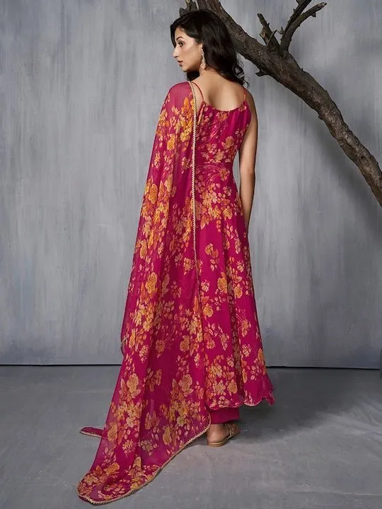 Floral Printed AnarkLI Kurta with Trousers & Dupatta