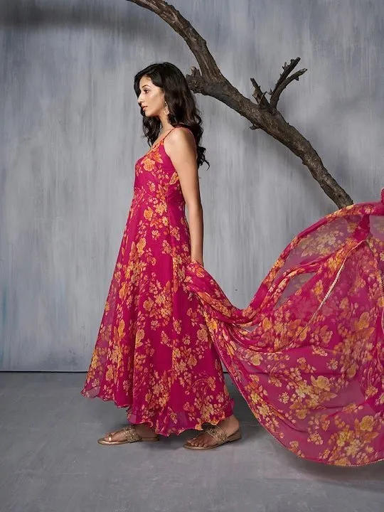 Floral Printed AnarkLI Kurta with Trousers & Dupatta