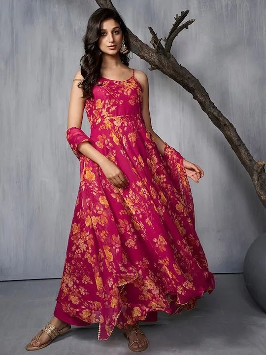 Floral Printed AnarkLI Kurta with Trousers & Dupatta