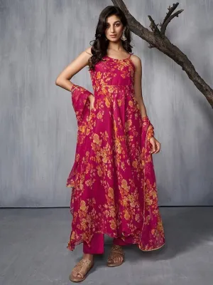 Floral Printed AnarkLI Kurta with Trousers & Dupatta
