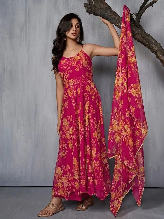 Floral Printed AnarkLI Kurta with Trousers & Dupatta