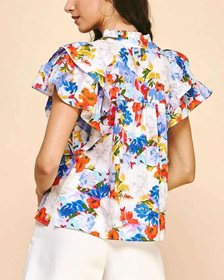 Floral Ruffle Sleeve Top - Red Blue Multi