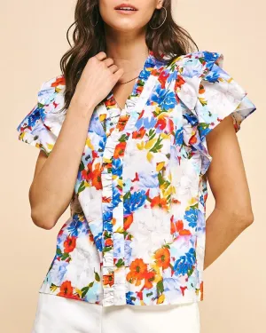 Floral Ruffle Sleeve Top - Red Blue Multi