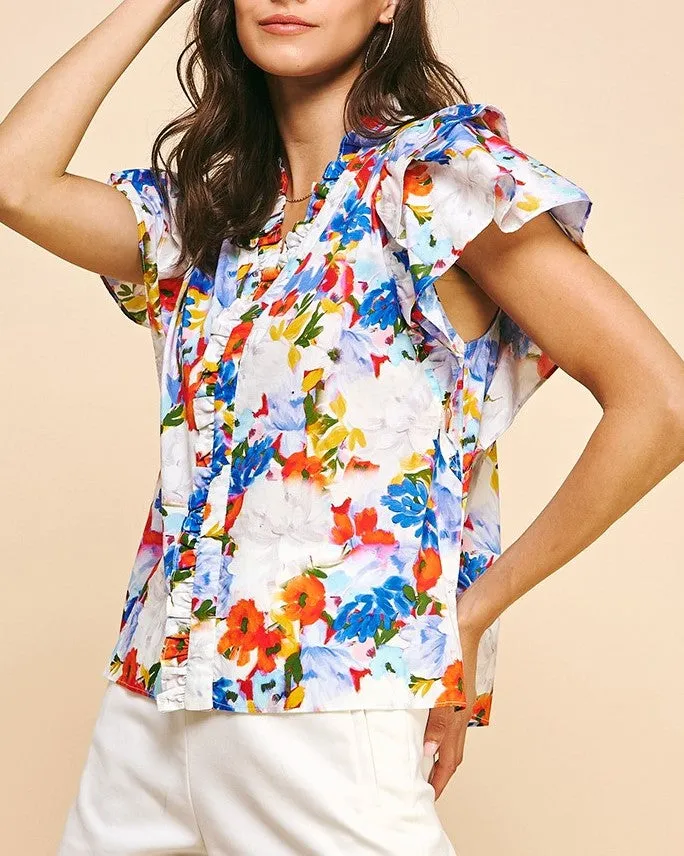 Floral Ruffle Sleeve Top - Red Blue Multi