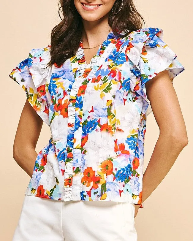 Floral Ruffle Sleeve Top - Red Blue Multi