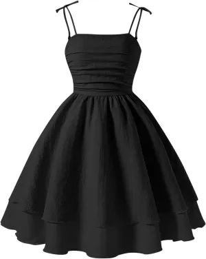 Girls Smocked Ruched A Line Swing Dress Layered Tie Shoulder Flowy Cami Dress Summer Beach Sleeveless Boho Sundress