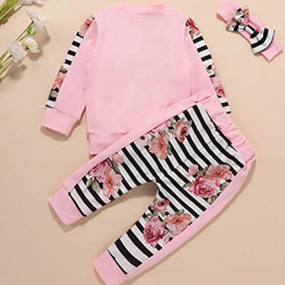 Girls Striped Floral Printed Long Sleeve Top & Trousers Wholesale Girl Clothing