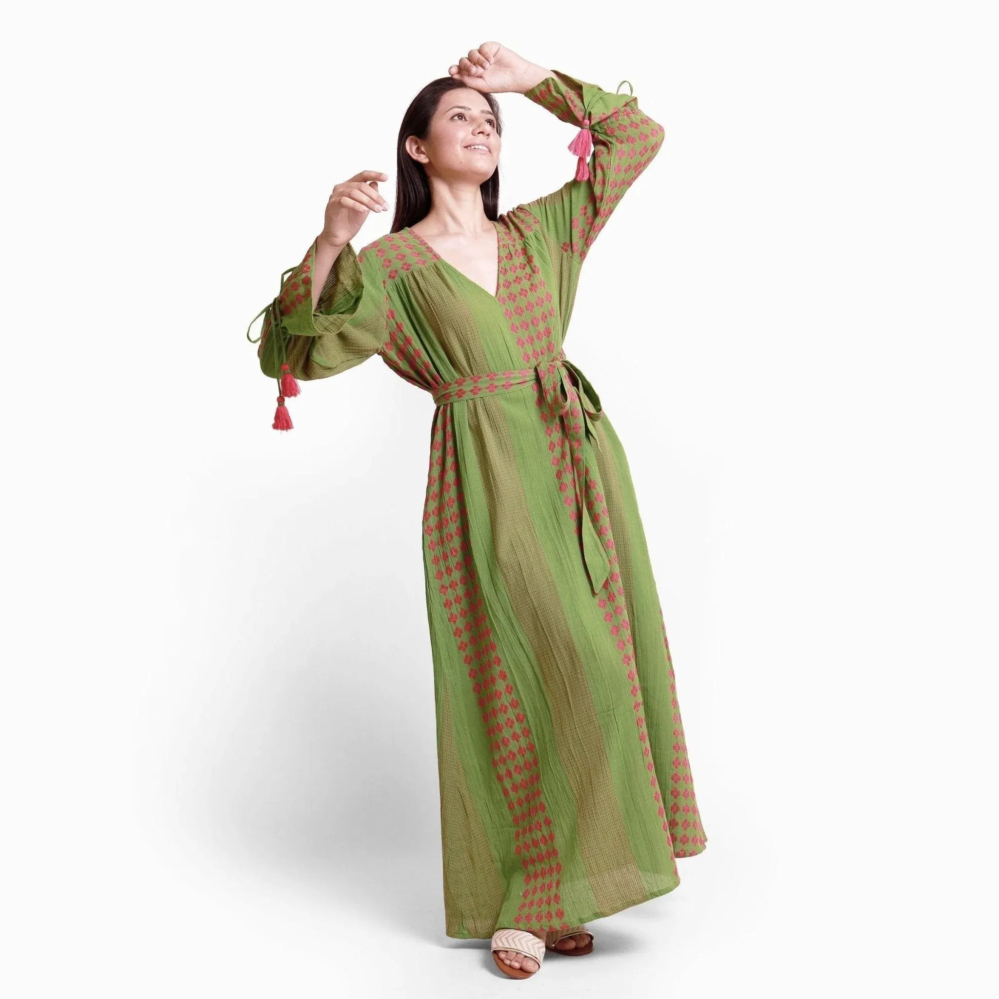 Green Yarn Dyed Cotton Ankle Length Bohemian Dress