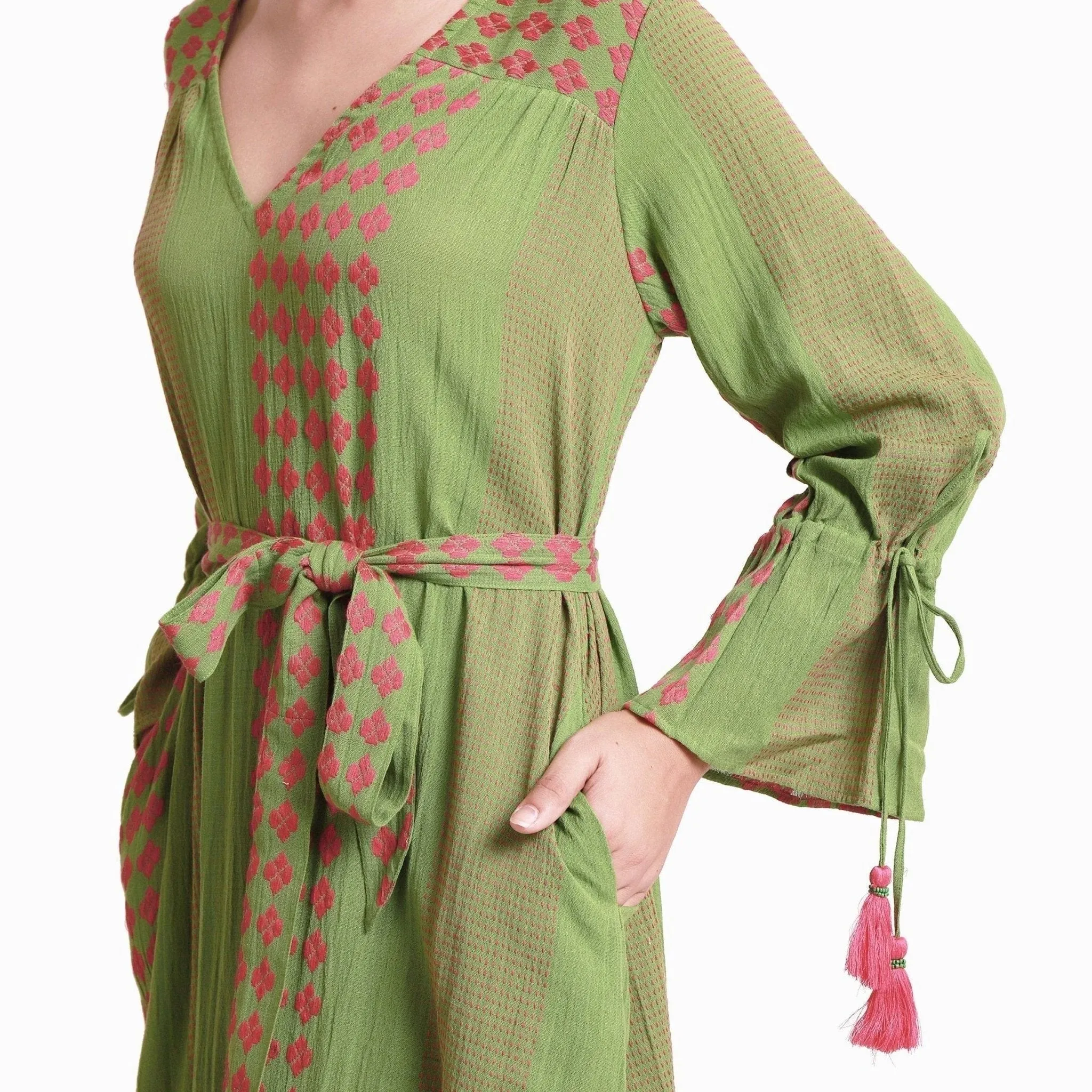 Green Yarn Dyed Cotton Ankle Length Bohemian Dress