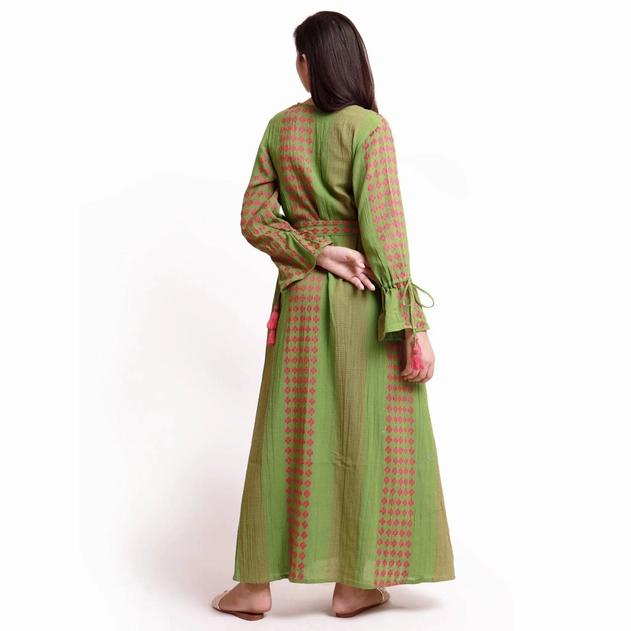Green Yarn Dyed Cotton Ankle Length Bohemian Dress