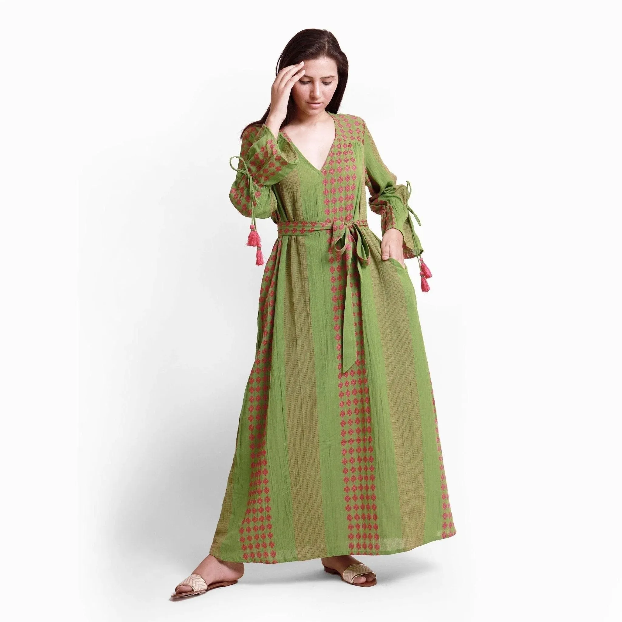 Green Yarn Dyed Cotton Ankle Length Bohemian Dress