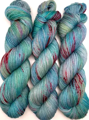 Hand Dyed Yarn "Shark Attack in the Blue Lagoon" Blue Teal Turquoise Aqua Pink Vermillion Speckled Polwarth DK SW 246yds 100g