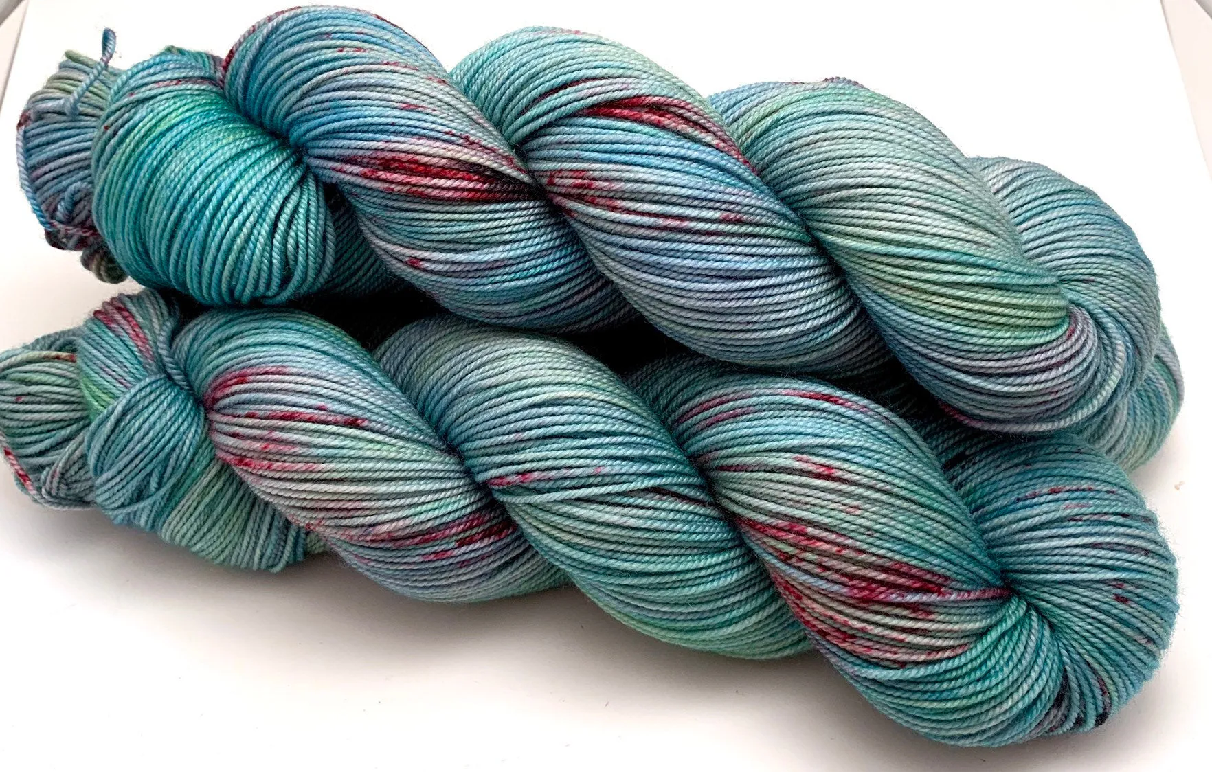 Hand Dyed Yarn "Shark Attack in the Blue Lagoon" Blue Teal Turquoise Aqua Pink Vermillion Speckled Polwarth DK SW 246yds 100g